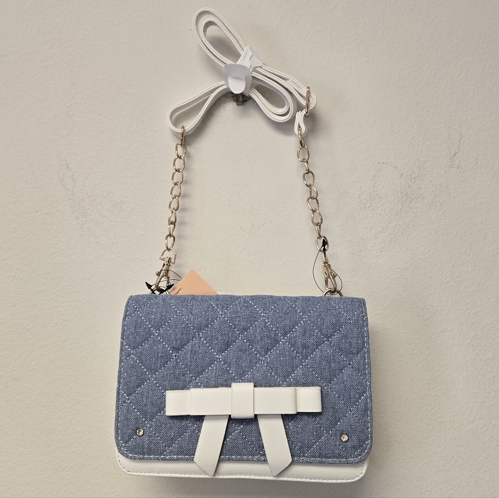 Rabbit Bow Faux Leather Quilted Shoulder crossbody Bag White Blue - Picture 1 of 9